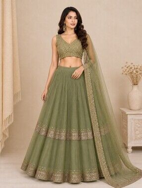 Olive Green Gorgette With Sequined Work Lehenga Choli